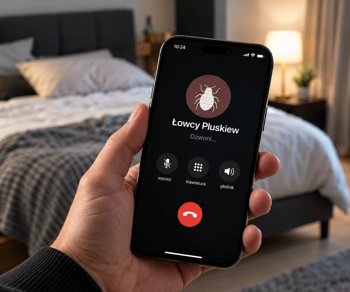 Dłoń trzymająca telefon z trwającym połączeniem do Łowców Pluskiew, w tle sypialnia z łóżkiem