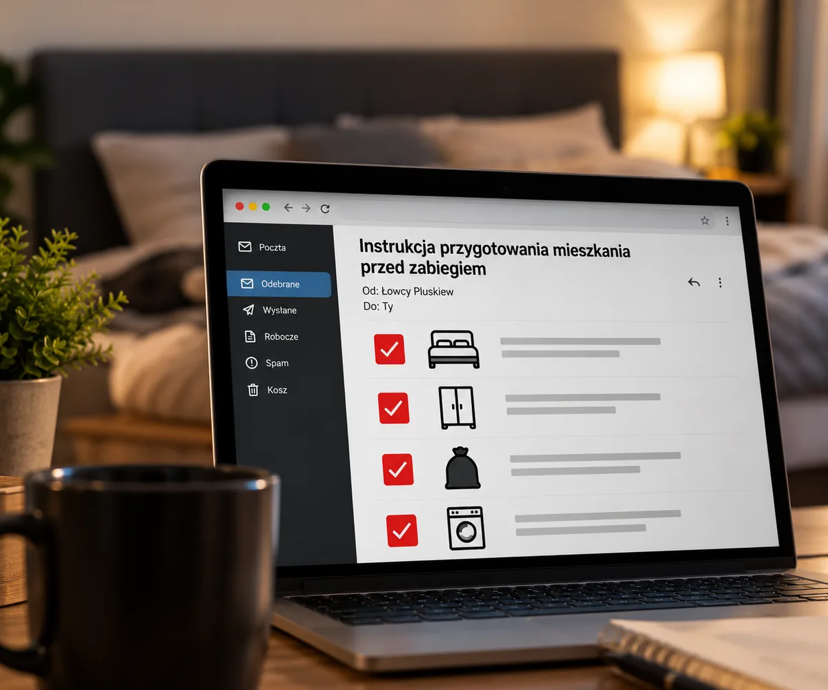 Laptop z e-mailem „Instrukcja przygotowania mieszkania przed zabiegiem” i listą kontrolną, w tle przytulna sypialnia