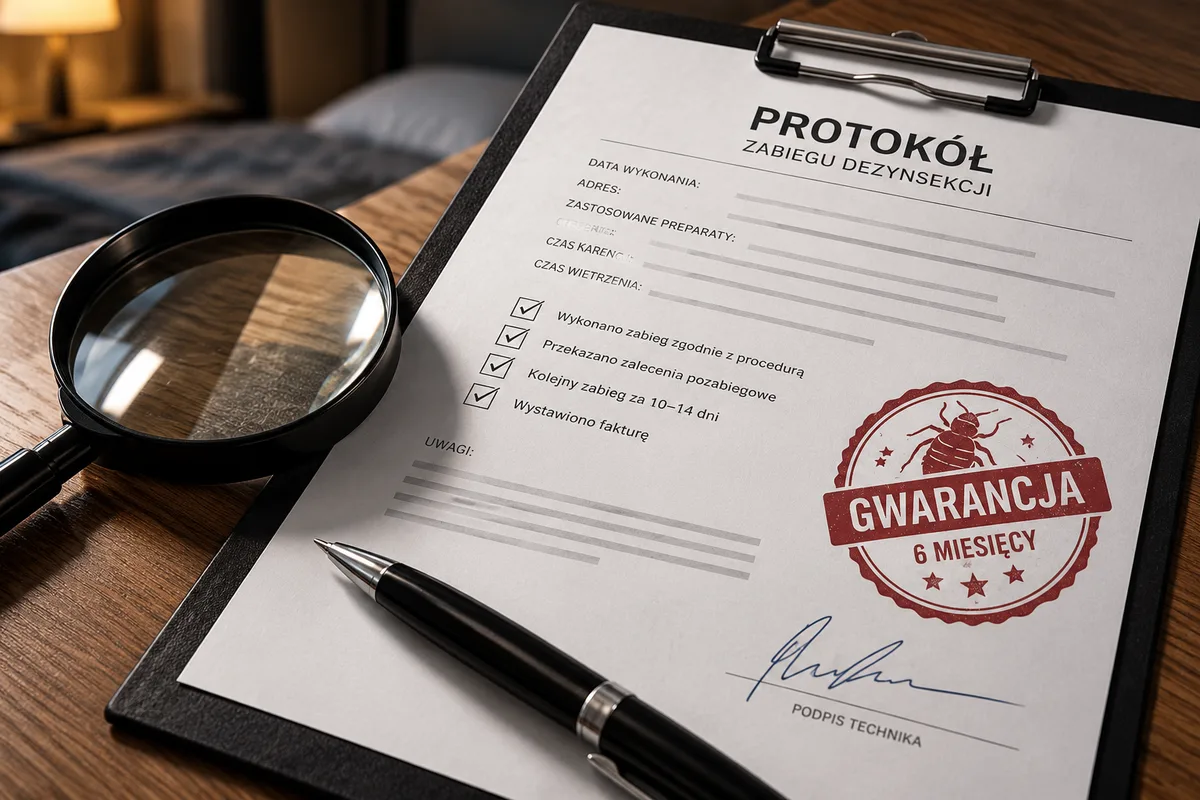 Protokół zabiegu dezynsekcji na podkładce z pieczęcią „Gwarancja 6 miesięcy”, podpisem technika, długopisem i lupą